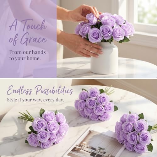 52pcs Lavender Roses Artificial Flowers Fake Flowers Silk Roses with Stems for DIY Wedding Bouquets Bridal Shower Centerpieces Arrangements Party Decorations - color: Lavender