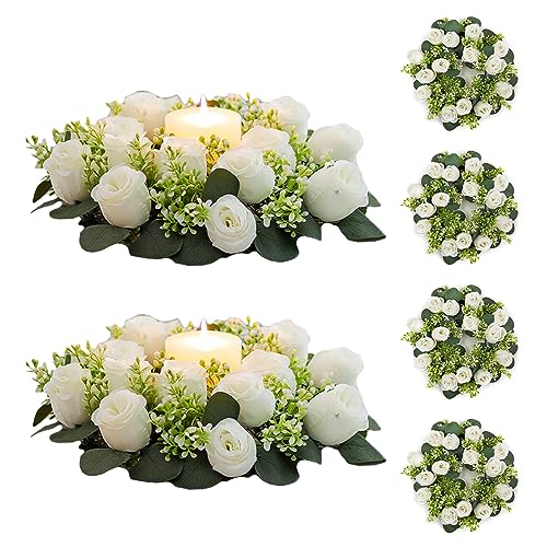 NUPTIO Flower Candle Rings for Centerpieces: 13.4 Inch Artificial Rose Wreath for Wedding Party Christmas Decorations - White Wreaths for Spring Summer Front Door Porch Table Decor 6 Pcs - color: White, size: Dia 13.4"-6pcs