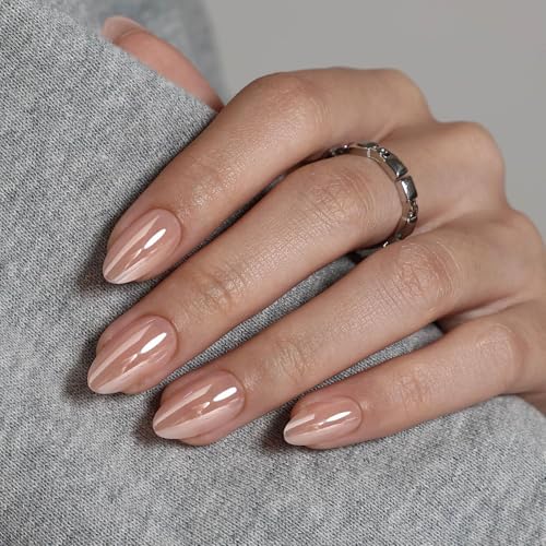 32Pcs Soft Gel Press on Nails for Women, Pearl Chrome, Short Almond | Glazed Donut Aurora False Fake Nails Press Ons for Office Daily Wear, Salon Quality Reusable Glue & Stick on Nail Gift Kit - color: 2D-Pearl Chrome