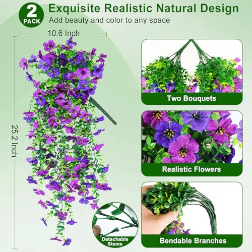 Artificial Hanging Flowers for Outdoors Decorations 2 Pack, Fake Hanging Flowers, UV Resistant Artificial Hanging Plants Outdoors for Home Porch Patio Balcony Baskets Yard(Double Purple) - color: Double Purple