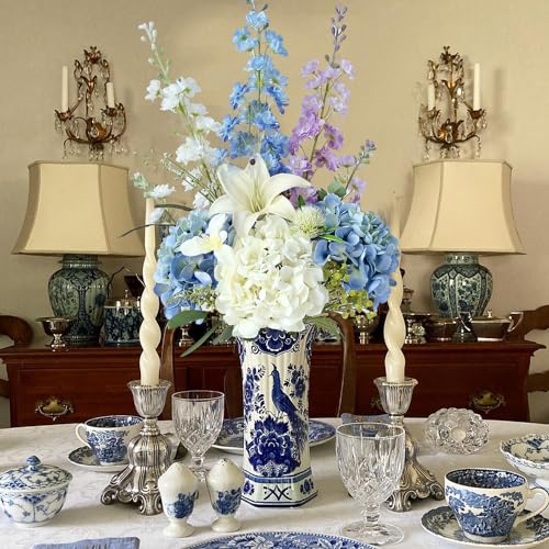 JINWOE Light Blue Flowers Hydrangea Artificial Flowers, 4PCS 21" Latex Real Touch Vintage Lifelike Silk Flowers,Faux Hydrangea Bouquet Fake Flowers for Wedding Centerpieces Tables Party Outdoor Home - color: Blue