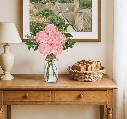 Hollyone Pink Hydrangea Artificial Flowers in Clear Glass Vase with Faux Water Silk Hydrangeas Fake Flowers Floral Arrangement for Home Bathroom Kitchen Office Table Centerpiece Shelf Decorations - color: Pink