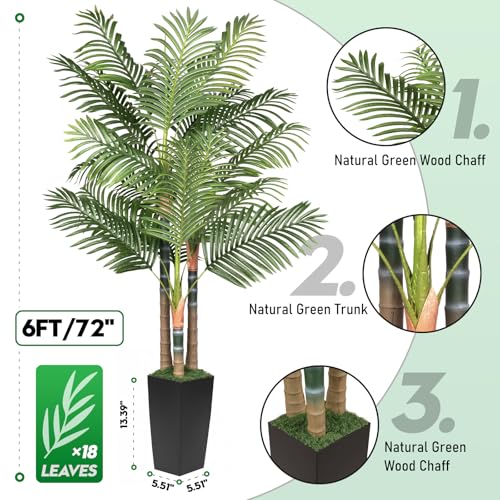 5ft Artificial Palm Tree Indoor Plant，Triple Faux Tropical Areca Floor Plant in Pot，Artificial Plants with Lifelike Leaves for Home Office Decor - color: Black, size: 5ft