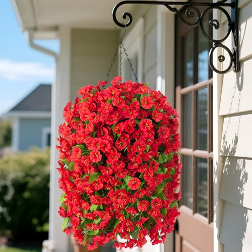 Ammyoo Artificial Faux Hanging Flowers Basket for Spring Summer Outdoor Outside Porch Decoration, Fake Silk Colorful Morning Glory Eucalyptus UV Resistant Look Real for Home Patio Balcony Yard(Red) - color: Red