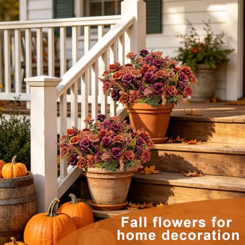 Fall Flowers Artificial for Decoration, 6 Bundles Fake Fall Flowers Faux Rose with Artificial Mums for Outdoors Front Porch Garden Patio Planter Home Table Centerpiece Fall Decor(Fall Red) - color: Fall Red