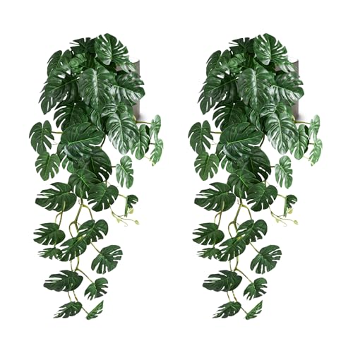 2 Pack Large Artificial Hanging Monstera Plant with Pots, Extra-Full Cascading Faux Hanging Plants for Wall & Shelf Decor, Oversized Split-Leaf Greenery for Living Room (Green-02) - color: Green-02