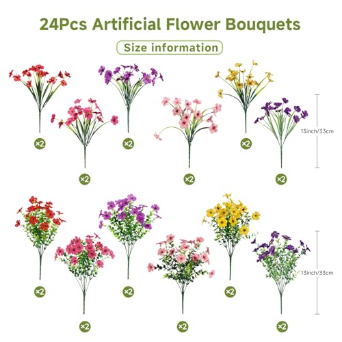 Alupssuc 24 Bundles Artificial Flowers for Outdoors Decoration, UV Resistant Silk Faux Floral Spring Fake Plastic Plants Greenery for Outside Indoor Patio Porch Window Box Home Decor, Mix 6 Colors - color: Red Rose Purple Deeppurple Yellow Pink