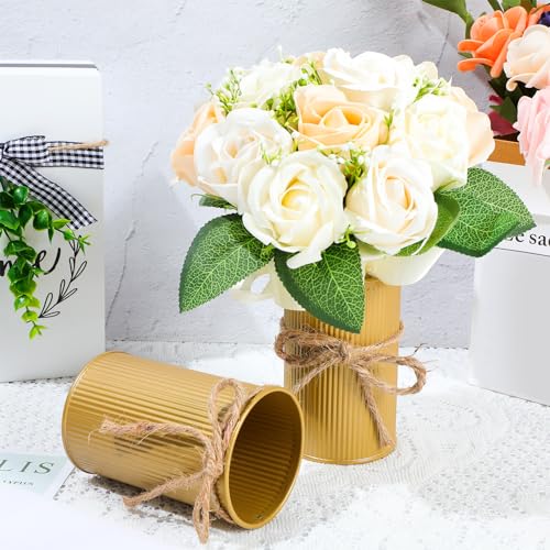 Rustic Vase for Table Centerpieces 4.33 Inch Small Petite Flower Vase with Twine Bow Vintage Farmhouse Decor for Wedding Reception Dining, Home Galvanized Metal Buckets(Gold,12 Pcs) - color: Gold