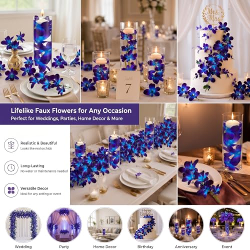 Canlierr 24 Pieces Blue Purple Faux Orchid Flowers Artificial Flower Vase Fillers Wedding Table Centerpieces Filling for Floating Candles DIY Wedding Bouquet Arrangement Birthday Party Home Decor