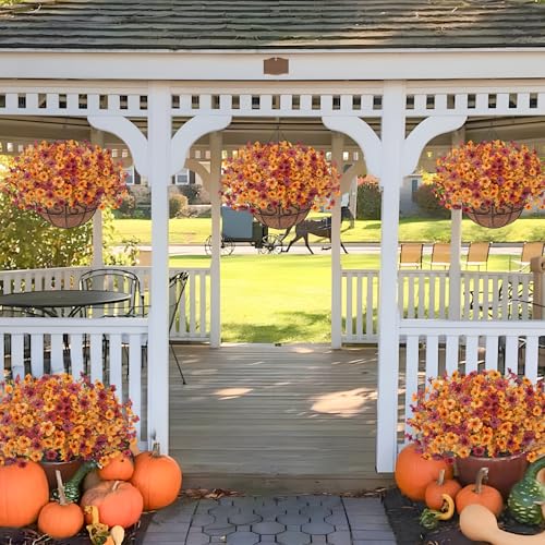 2Pack Fall Artfiticial Hanging Flowers Baskets for Outdoors, UV Resistant Fake Fall Hanging Plants, Faux Orange Flowers for Autumn Home Patio Front Porch Balcony Decor (Yellow Red) - color: Yellow Red