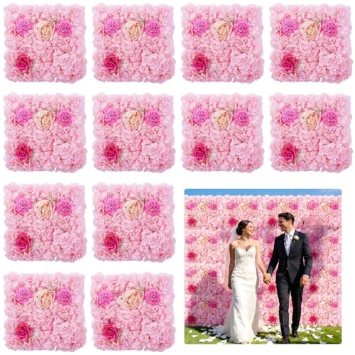 Zythrem 12-Pack Flower Wall Backdrop Rose Pink Backdrop 15×15 Inch Artificial Silk Flower Panels 3D Pink Flower Wall for Wedding Birthday Party Home Event Photography Background - color: Pink