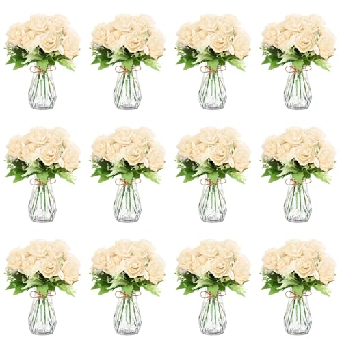 Zeyune 37 Pack Artificial Peonies Flowers with Bud Vase Bulk 24 Bundles Silk Peonies Bouquets 12 Plastic Clear Vase with 1 Rope Fake Flowers for Table Centerpiece Vases(Champagne,Round Head) - color: Champagne, style: Round Head