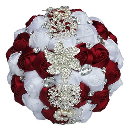 Wedding Bouquets Crystal Satin Rose Bride Bridal Bouquet Romantic Bridesmaid Holding Flower for Valentine's Day Confession Party Church Decor (Wine Red White) - color: Wine Red White