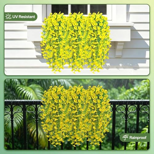 Artificial Hanging Flowers for Outdoors, 4 PCS UV Resistant Morning Glory Flowers with Eucalyptus Leaves, Silk Fake Flower Realistic Faux Plants for Home Patio Porch Garden Decor, Yellow - color: Yellow