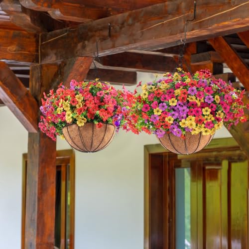 Orgrimmar 2pcs Artificial Hanging Flowers Basket Outdoor Fake Hanging Plant | UV Resistant Realistic Silk Flowers Eucalyptus in Coconut Lining Baskets for Home Porch Balcony Patio Yard Muti-Color - color: Multi Color