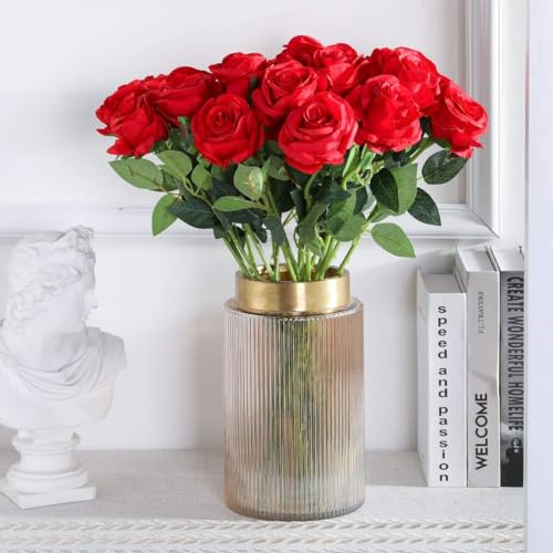 Red Fake Roses Artificial Flowers - 16 Pcs Fake Artificial Roses Silk Flowers with Stems for Home Wedding Hotel Office Centerpiece Decor - color: Red, size: 16 Pcs