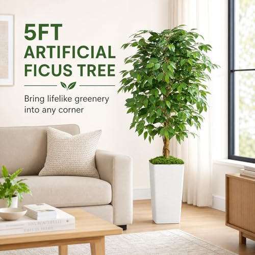 5FT Artificial Ficus Tree, 60 Inch Realistic Faux Silk Ficus Floor Plant with White Planter & Moss, Tall Fake Potted Tree for Indoor Home Office Living Room Corner Decor - color: White, size: 5ft