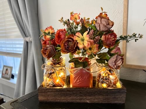 3 Pcs Mason Jar Centerpiece Table Decorations for Dining Table Decor Farmhouse Coffee Table Decor with Wood Tray and Led Light Table Centerpieces for Dining room Kitchen Living Bathroom,Orange - color: orange