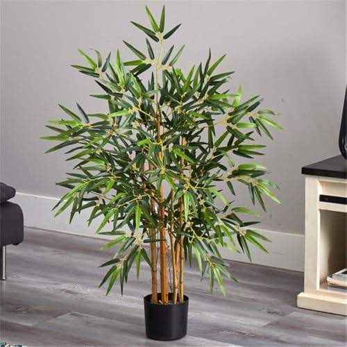 Pemberly Row 36" Multi Bambusa Bamboo Silk Tree, Green Leaves, Natural Bamboo Trunks, Black Planter, 500 Leaves, 3 Ft Tall Faux Plant for Home or Office Decor