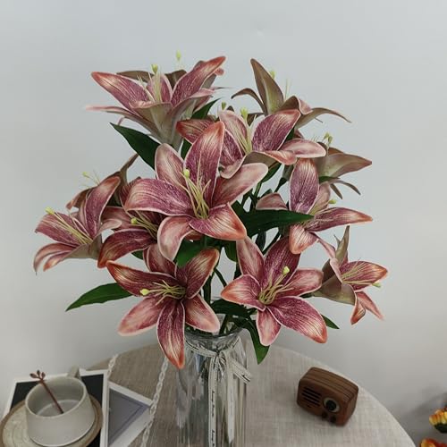 Brown Lilies Artificial Flowers,6 Pcs Faux Lily Flowers,23 Inch Long Stem Tiger Lily Branch with 3 Full Blooms and 4 Leaves, Latex Real Touch Lilium Flower for Wedding Bouquet - color: Brown