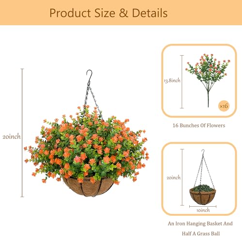 NETAP Artificial Hanging Flowers Basket for Outdoor, 16 Fake Flowers Look Real UV Resistant, Faux Hanging Plants for Porch, Balcony, Patio, Garden, Spring Summer Decor,Orange - color: Orange
