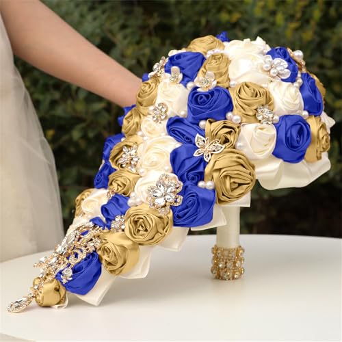 Handmade Satin Rose Water Drop Bridal Bouquet,8.7inch Crystal Wedding Round Tossing Bouquet,Jewelry Proposal Bridesmaid Bouquet Groom Corsage Bride Wrist Flower ivory (07#Ivory Sapphire Gold) - color: 07#ivory Sapphire Gold