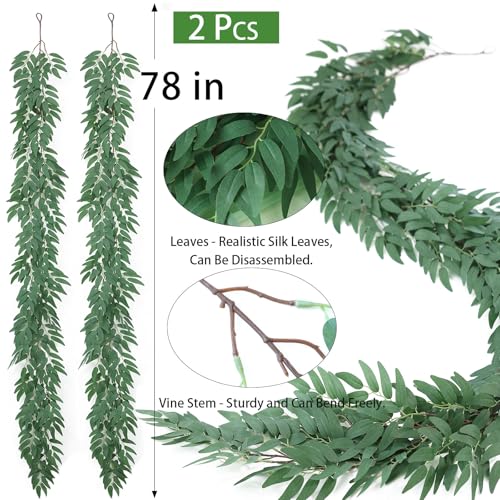 Mizii 2 Strands Artificial Vines Willows Garland 78" Fake Vine Italian Ruscus Silk Green Leaves Faux Hanging Plants Greenery Decoration for Table Centerpieces Home Room Party Wedding Decor (Willows) - color: Willows