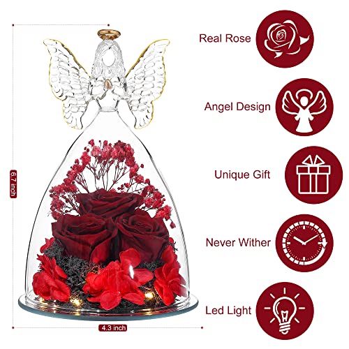 Mothers Day Rose Gifts Glass Angel Figurine with Three Roses Gifts, Preserved Forever Real Rose Gifts for Women, Angel Guardian with Rose for Mothers Day - Wine Red - color: Wine Red