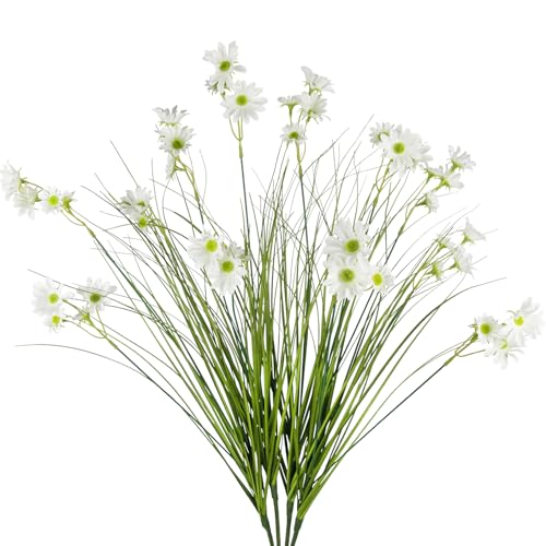 4 Pcs Artificial Plants Onion Grass Outdoor 37" Fake Tall Grass with Daisy Wildflowers White Artificial Wheat Grass Faux Shrubs Bush Greenery Stems for Indoor Garden Outside Office Home Decor - color: 4 Pcs-white Flowers