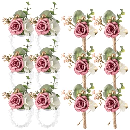12 Pack Corsage and Boutonniere Set Handmade with Lifelike Artificial Rose, Non-Fading Prom Flower Wrist Corsage for Wedding Homecoming and Prom Events