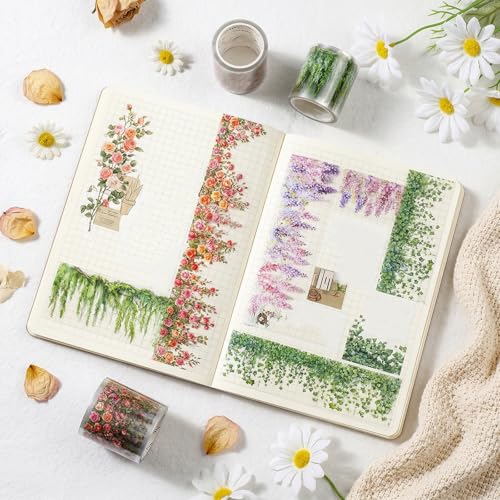 4 Rolls Floral Washi Tape, PET Rose Vine Flower Tape Stickers for Journaling, Colorful Self-Adhesive Green Leaf Decorative Tapes for Crafts Scrapbook Journal Notebook Gift Wrap Photo Album