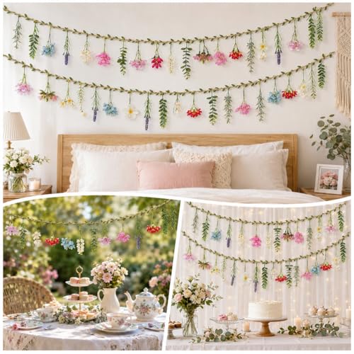 2 PCS 6.5ft Artificial Flower Banner Wildflower Garland Hanging Flowers for Garden Birthday Wedding Tea Party Bridal Shower Home Spring Supplies(Hemp Rope) - color: Hemp