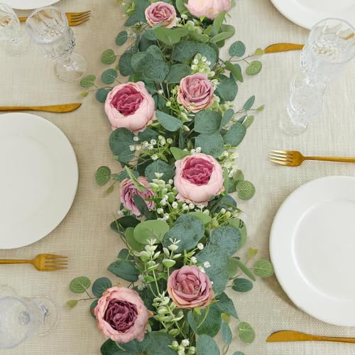 Artificial Flowers Garland 6FT Eucalyptus Flower Garlands Vintage Peony Rose Vine Faux Floral Garland for Wedding Party Arch Table Wall Backdrop Decoration (Vintage Pink, 4PCS) - color: Vintage Pink, size: 4PCS