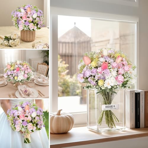 Florielle Artificial Hydrangea Bouquet Fake Silk Flower with Faux Tulips Baby's Breath for Spring Summer Wedding Centerpieces Home Decor Party Table Floral Arrangements (Blue Pink) - color: Blue Pink