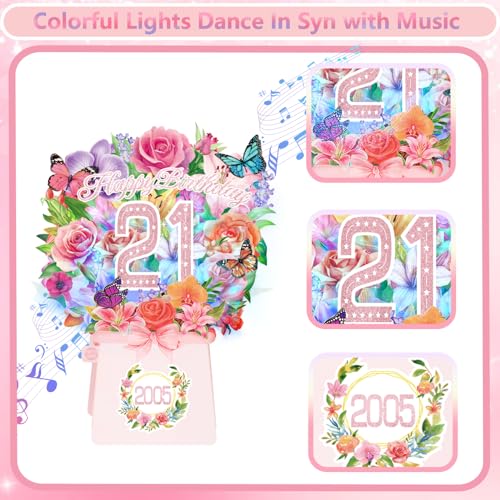 21st Birthday Cards, Light and Music 21 Years Old Happy Birthday Card, Rose Lily Orchid and Butterflies, 10 InchForever Flower Bouquet 3D Pop Up 2005 Birthday Gift Card for Women Wife Mom Daughter Sister - size: 2005-21st