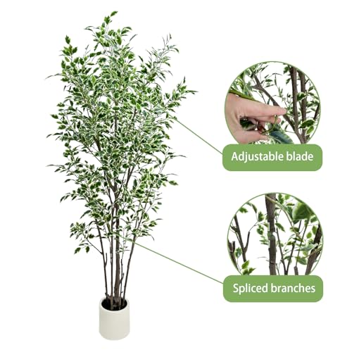 7ft Artificial Ficus Tree with White Plastic Planter | Foliage: Designed with natural green and white variegated leaves for lifelike indoor landscape decoration - color: White, size: 7ft