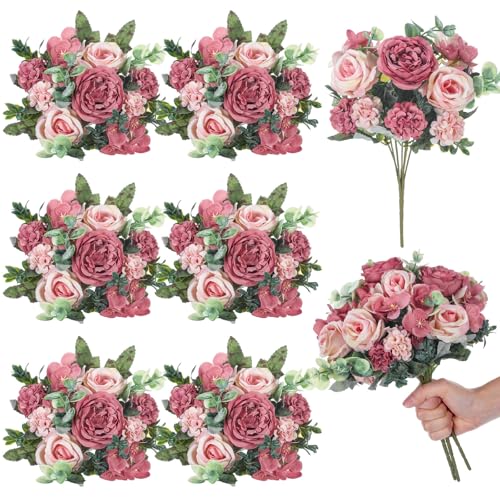 Wavwavw 6 Pcs Artificial Peony Silk Florals Fake Mix Silk Peony Rose Faux Flower Hydrangea Bouquet Elegant Realistic Wedding Floral Centerpiece for Home Party Table Arrangement (Champagne with Red) - color: Champagne With Red