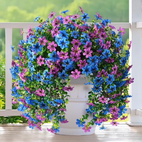 Artificial Fake Hanging Flowers Plants for Outdoor Spring Decoration, 2 PCS Faux Silk Daisy Flower UV Resistant Look Real for Outside Patio Porch Garden Balcony Yard Home Summer Decor(Perple Blue) - color: Purple Blue