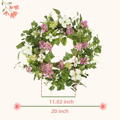 YNYLCHMX 20" Spring Summer Wreaths for Front Door, Artificial Floral Wreath with Pink Hydrangea Green Eucalyptus Leaves, Green Foliage Wreath for Wall Window Farmhouse Party Holiday Home Decor - color: Pink Hydrangea