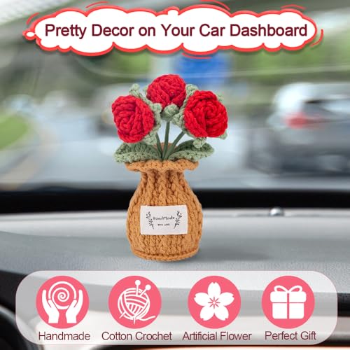 Rose Crochet Flower Plant, Small Cute Handmade Knitted Flowers with Vase, Small Crochet Potted Artificial Flower Plants for Desk Home Car Dashboard Office Decorations (Rose-Red) - color: Rose-red