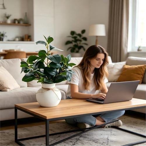 16.5'' Artificial Ficus Branch Arrangement, Real Looking Faux Plant with Glossy Green Oval Leaves, White Ceramic Vase with Rope Accent and Pebbles for Table Entryway Indoor Decor - color: Ficus Plant