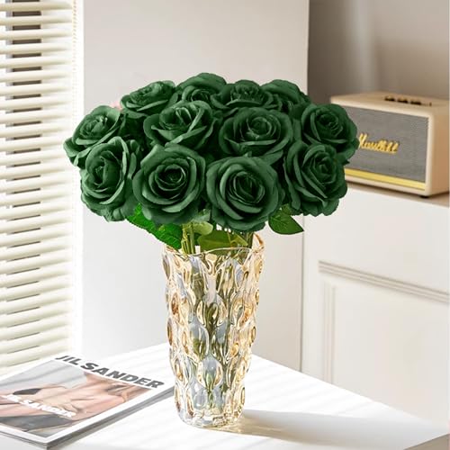 Eternal Blossom 10pcs Rose Artificial Flower,Artificial Rose Silk Flower 50cm Fake Flowers Rose Blossom Bridal Bouquet for Home Wedding Decor (Dark Green) - color: Dark Green