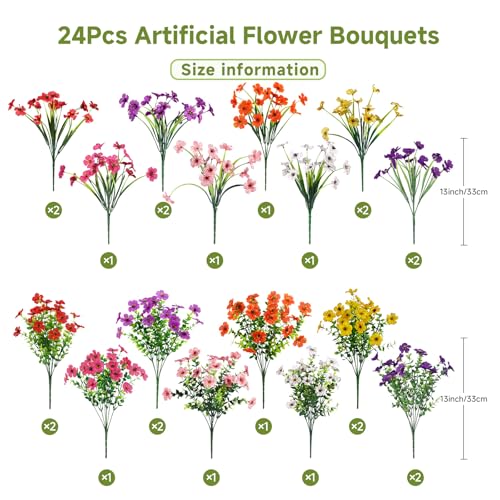 Alupssuc 24 Bundles Artificial Flowers for Outdoors Decoration, UV Resistant Silk Faux Daisy Flora Spring Fake Plastic Plants Greenery for Outside Indoor Yard Home Porch Window Box Decor, Mix 8 Colors - color: Red Rose Purple Deeppurple Orange Yellow Pink