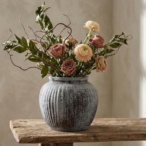 Oakrain Large Rustic Vase, 11" Distressed Round Floor Vase for Home Decor, Farmhouse Centerpieces Planters for Living Room Indoor Outdoor Use, Gray - color: Distressed Gray, size: 11" Dia
