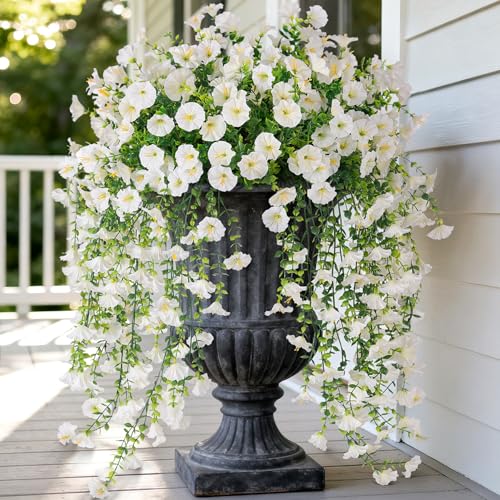 Artificial Hanging Petunias Flowers for Outdoor, 2pcs Fake Plants Long Vine Morning Glory Eucalyptus, UV Resistant Realistic Faux Greenery Indoor Outside Patio Porch Garden Spring Summer Decor, White - color: White