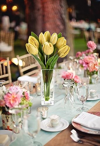 Briful Fake Flowers Artificial Tulip Flower Khaki in Clear Vase, Real Touch EVA Tulip Arrangement Suitable for Home Office Fall Decoration, Dining Table Centerpiece - color: Khaki