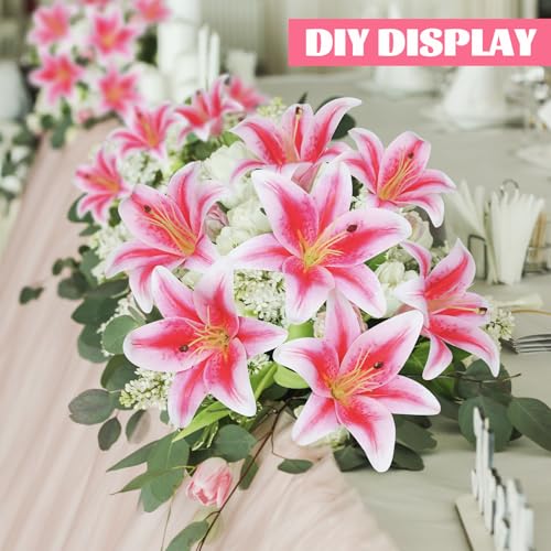 BloomLife Artificial Lily Flowers, 6 Stems with 12 Flowers & 6 Buds Total, Realistic Fake Flowers for Home Decor, White or Pink, 23.6" Tall, Wrinkle-Free & Bendable Stems for Vase Arrangements (Pink)