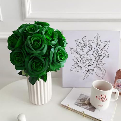 Eternal Blossom 10pcs Rose Artificial Flower,Artificial Rose Silk Flower 50cm Fake Flowers Rose Blossom Bridal Bouquet for Home Wedding Decor (Dark Green) - color: Dark Green