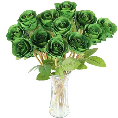 Hananona Artificial Roses Flowers for St. Patrick's Day，12 Pcs Silk Green Rose Bouquet for Spring Home Decoration, Green Faux Roses for Wedding - color: Green