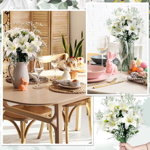 Giegxin 18 Pcs Easter Artificial White Lilies with Baby's Breath, Latex Fake Tiger Lily Bouquet for Easter Spring Home Church Wedding Decorations, Faux Gypsophila Floral Arrangement - color: White, style: Lily, Babys Breath